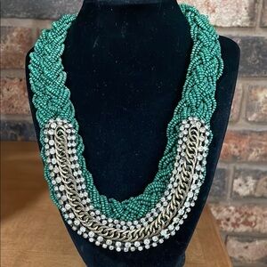Vintage Green seed bead beaded necklace with rhinestone detail